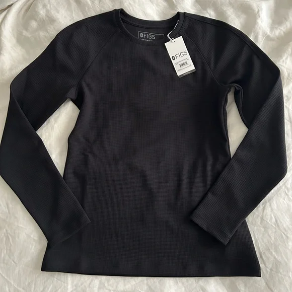 FIGS Black Long Sleeve Waffle Knit Underscrub Top women’s size S - Picture 1 of 4